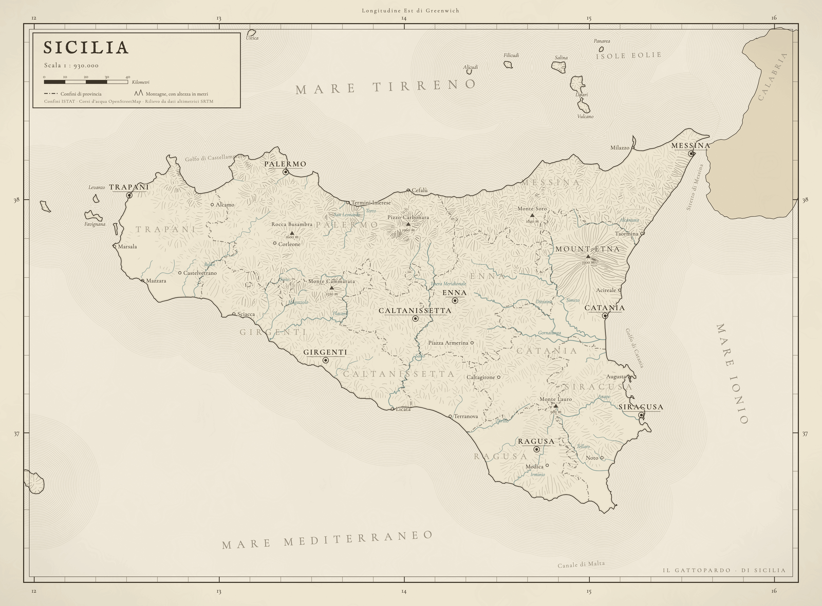 An engraved nineteenth century map of Sicily: the nine provinces, the mountains in hachure, the rivers, and the towns from Palermo and Messina round to Trapani